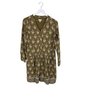 Garnet Hill Dropwaist Button-Up Dress Olive Green Floral Women's Size 2 Bohemian